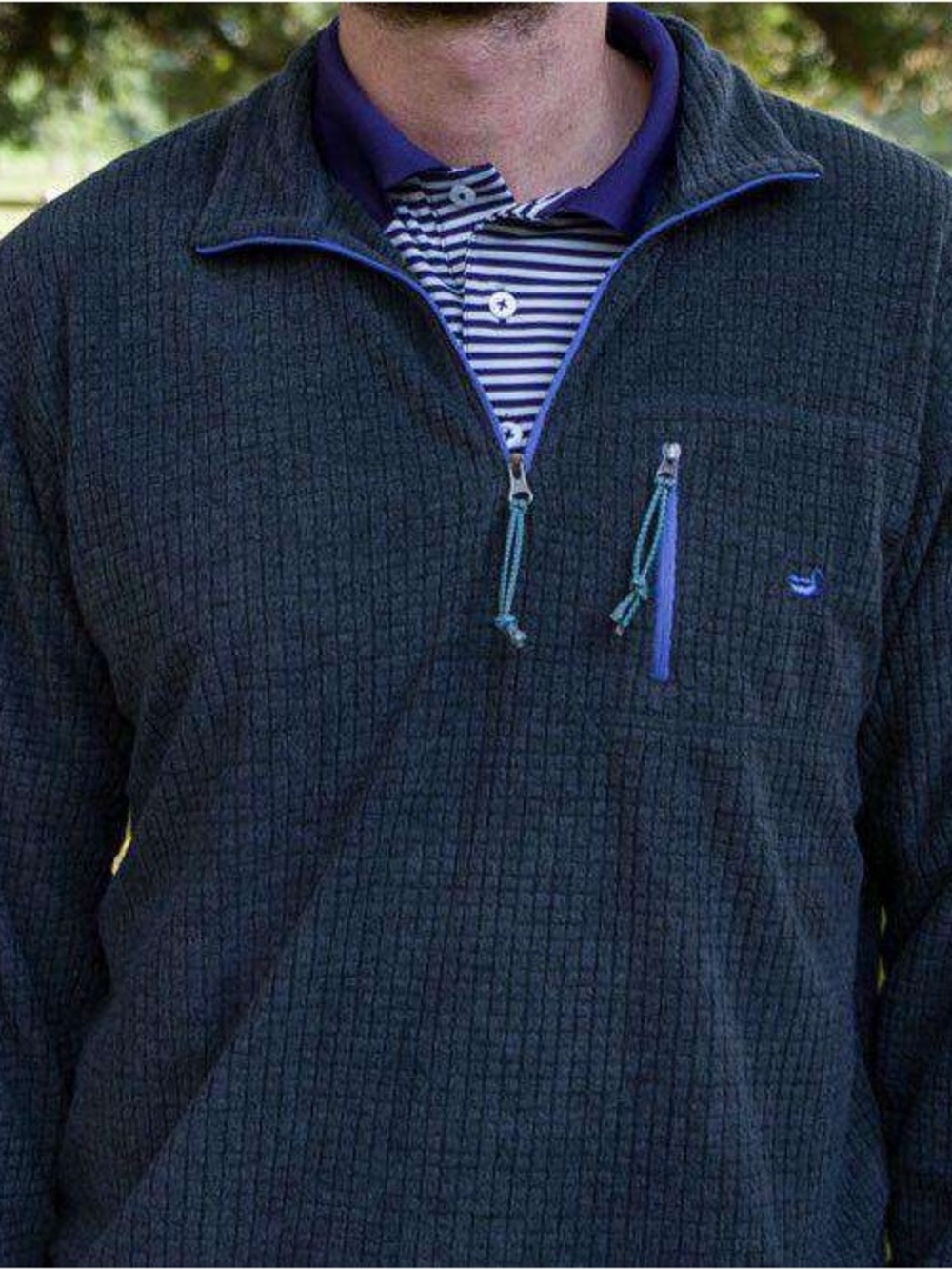 Southern Marsh Men’s Waffle-Knit Quarter-Zip Sweater with Purple/blue Trim